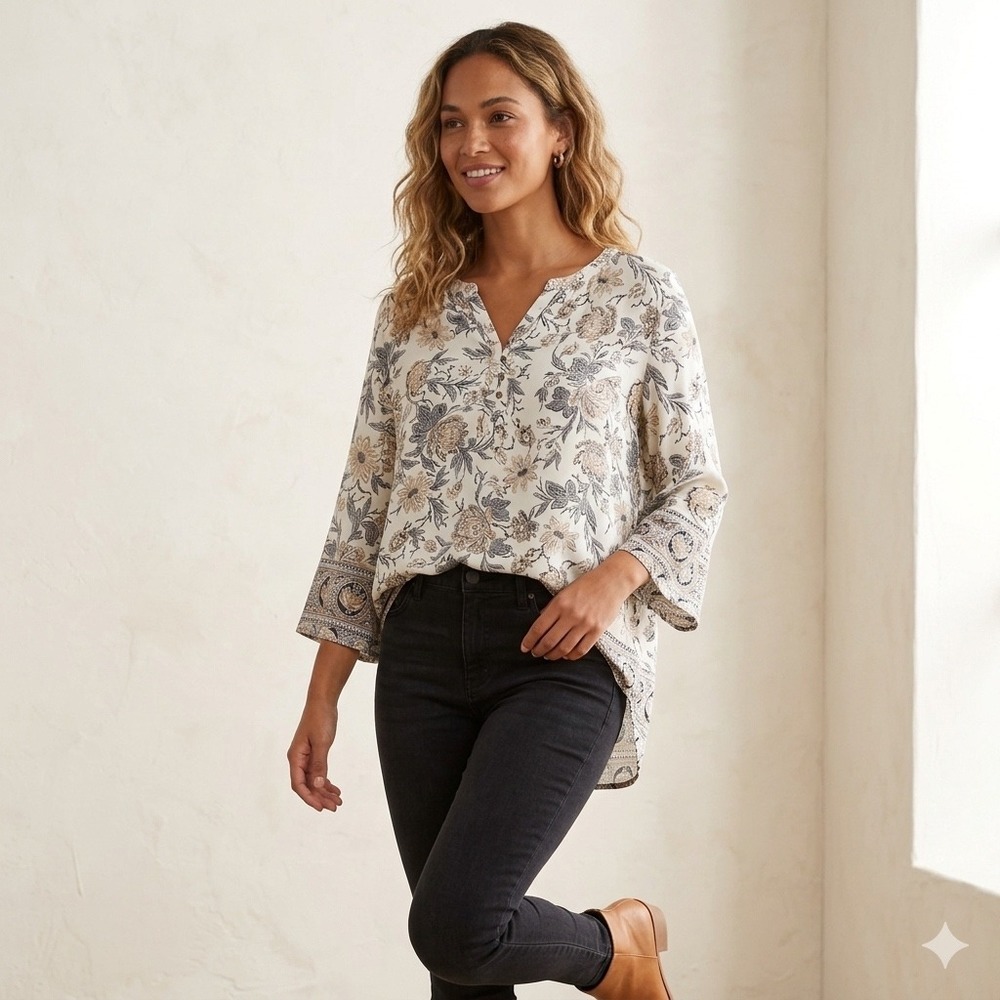 Lucky Brand Womens Size 1X Henley Top Floral Paisley Boho Tunic Boho Peasant